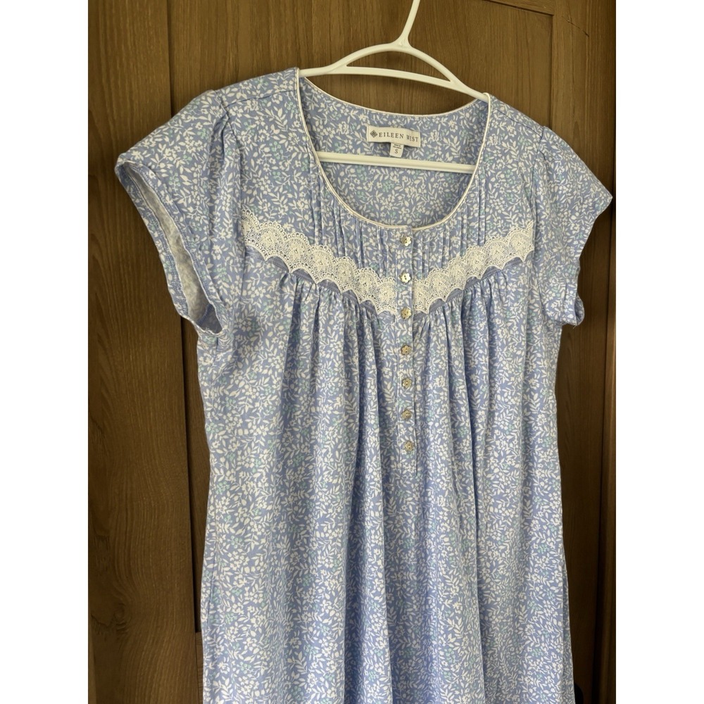 Eileen West Floral Waltz Nightgown Lace Trim Short Sleeve Size S Blue White - Picture 2 of 7